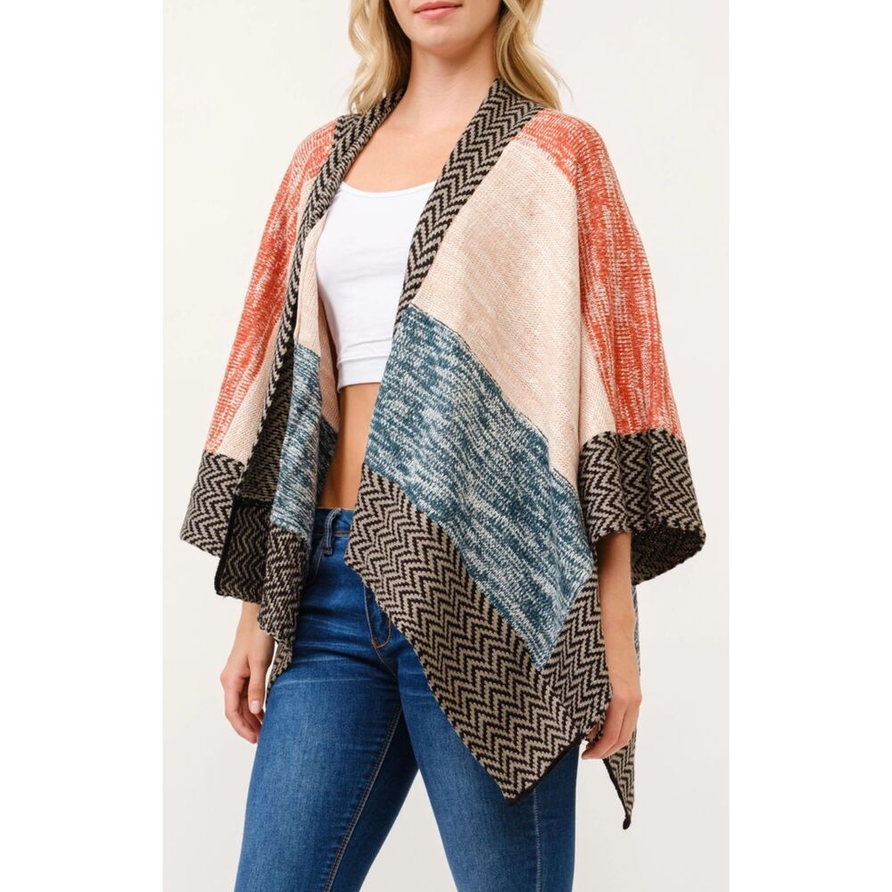 Colorblock Wrap Cardigan Herringbone Boho Fall Layering Pc One Size Teal or Rust